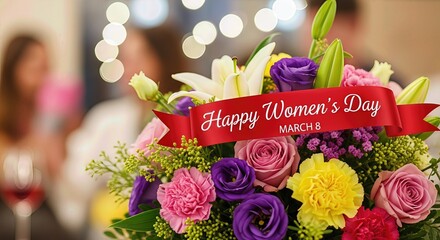 Vibrant, diverse blossoms compose a splendid bouquet adorned with a red ribbon for International Women's Day, March eighth. A heartfelt congratulatory greeting, honoring women.