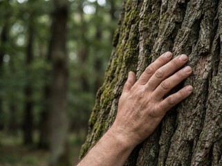 Hand touching mossy tree trunk in forest close up