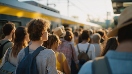 Fototapeta premium Passengers rush to catch their trains, creating a lively scene at the platform during sunset Generative AI