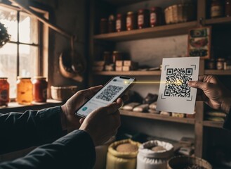 Hands scanning QR code for payment in a rustic local store