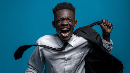 A joyful person radiates energy in motion against a vibrant blue background Generative AI