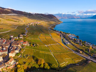 Lavaux vineyard terraces aerial view by Lake Geneva at sunset in autumn. Bourg-en-Lavaux, Canton of Vaud, Switzerland.