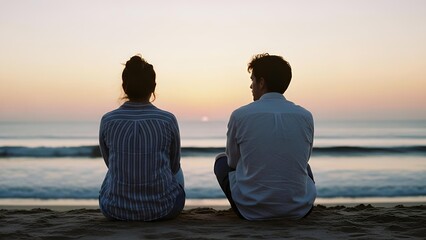 Couple sitting on beach watching serene sunset over calm ocean water