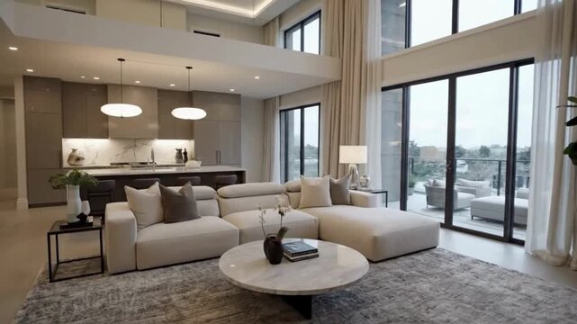 Modern Living Room with White Couch and Large Windows in Luxury Home
