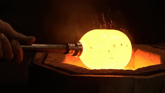 Glassblower Hand Shapes Molten Glass Sphere with Metal Rod Over Intense Orange Furnace Flames in Dark Workshop with Sparks Flying