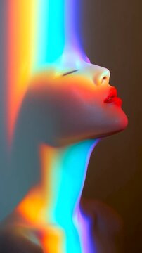 Vertical Abstract Portrait Video of Woman with Rainbow Light Effect and Surreal Color Reflections
