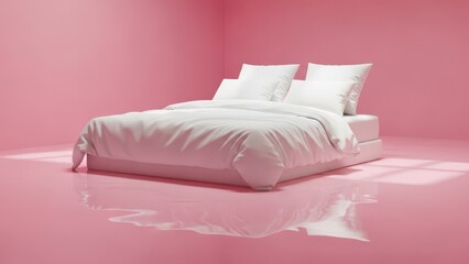 Minimalist Interior Design of a White Bed Floating on Reflective Pink Liquid in a Pure Pink Room