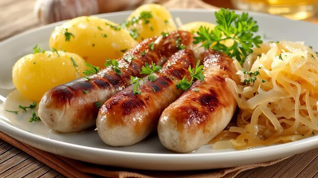 Grilled German sausages with sauerkraut and potatoes