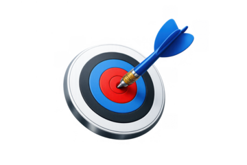 Dart hitting bullseye on target board, representing business success, achieving goals, aiming for accuracy, and marketing strategy