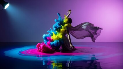 Surreal Scene of a Woman Dancing in Water with Exploding Vibrant Colorful Ink Clouds and Smoke