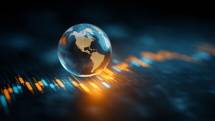 A globe sits prominently above colorful stock market data, symbolizing global trade and finance Generative AI