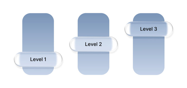Three liquid glass morphism level indicators on a white background. Modern user interface design icon for applications and websites.