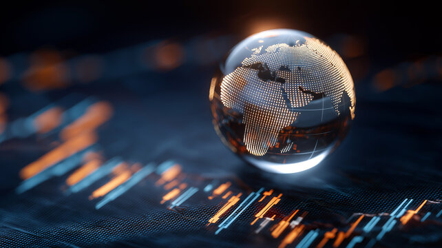 A clear globe showcases continents while vibrant stock market charts illuminate the background Generative AI - Powered by Adobe