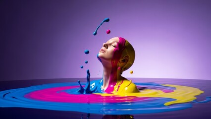 Minimalism Surrealism portrait of a woman submerged in a vibrant pool of liquid paint with suspended colorful droplets, creative fluid art, generative AI