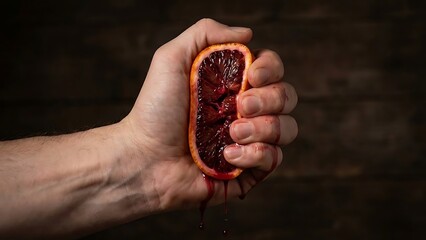 Close-up of a person's hand vigorously squeezing a vibrant blood orange, releasing its rich, red juice onto a dark wooden background, showcasing freshness and vitality