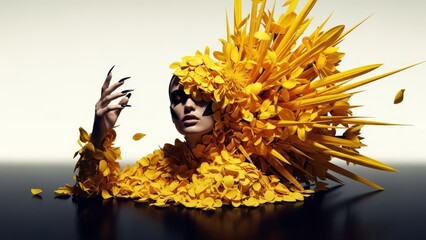 Minimalism Surrealism portrait of a woman enveloped in an explosion of yellow flowers and sharp petals, high fashion floral art, generative AI