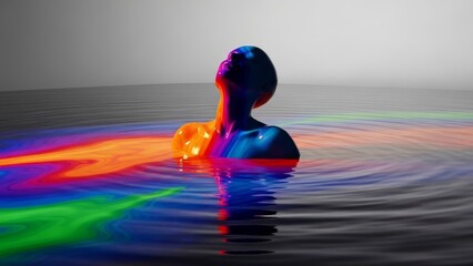Minimalism Surrealism of a human figure emerging from water with vibrant liquid paint trail, creative abstract fluid art, generative AI