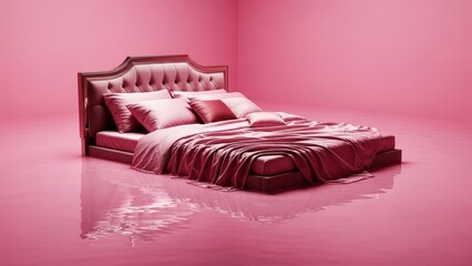 Minimalism Surrealism of a luxury pink tufted bed floating in a flooded pink room, monochrome aesthetic, generative AI