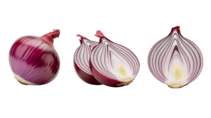 Red Onion Bulbs in Various States Fresh Vibrant Color High-Resolution Cutout for Culinary Use
