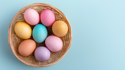 A lovely basket holds vibrant easter eggs, bringing spring cheer with an artistic pastel touch Generative AI