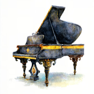 Grand piano watercolor illustration showcasing intricate details, elegant curves, and rich textures, emphasizing artistic craftsmanship and musical heritage with copy space