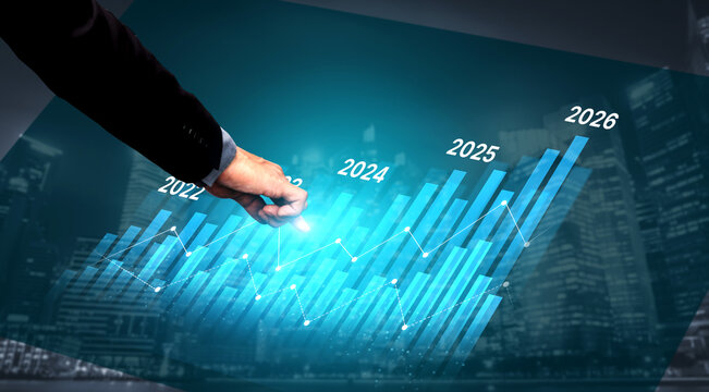 Business bar chart and line graph showing yearly business growth from 2022 to new year 2026, represent data analytics, future 2026 planning, business 2026 trend, and performance analysis 2026 Vouch - Powered by Adobe