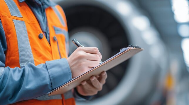Person in safety vest writing on clipboard near aircraft engine in an industrial setting