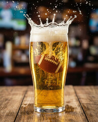 Glass of lager beer with American football splash