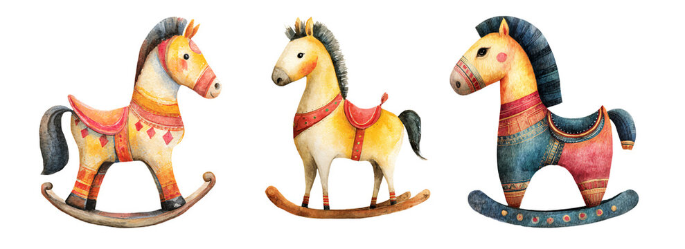 Watercolor illustration of three colorful rocking horses, showcasing unique designs and vibrant patterns, perfect for children's decor or playful themes with copy space