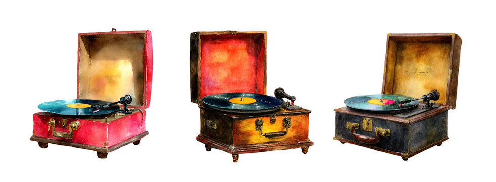 Vintage record players in watercolor illustration style, showcasing intricate details and textures, capturing the essence of nostalgia and musical heritage with copy space
