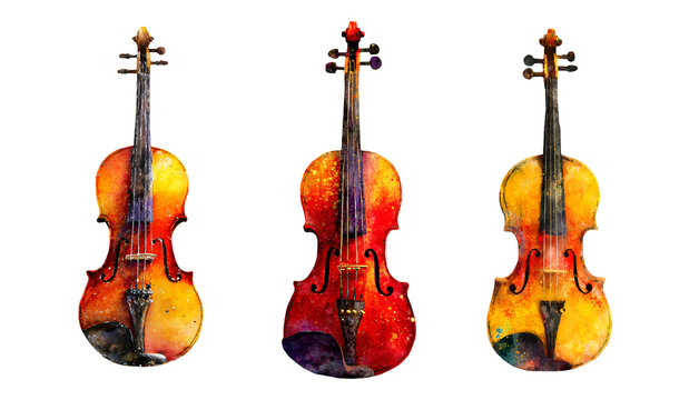 Watercolor illustration of three vibrant violins, showcasing unique color patterns and textures, emphasizing musical artistry and creativity in a visually striking composition
