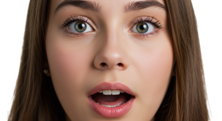 Surprised woman face close-up, shocked female expression, Isolated On Transparent Background