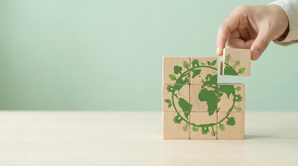 Eco friendly wooden blocks with green earth and leaves