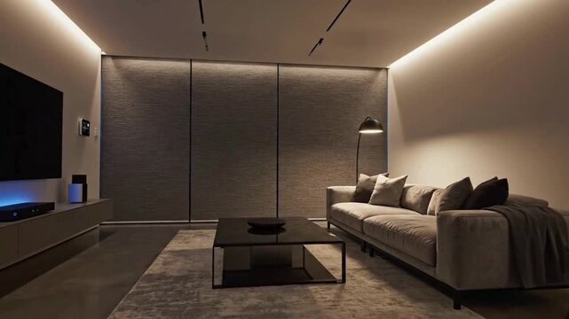 Modern Living Room with Gray Couch and Ambient Lighting