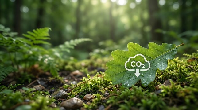 eco friendly co2 reduction concept with leaf and forest background