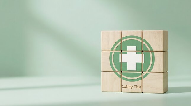 Wooden blocks with safety first sign and green background