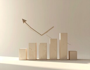 A pale brown bar graph displays fluctuating results with a sharply rising trend line indicating overall positive trajectory in the analysis.