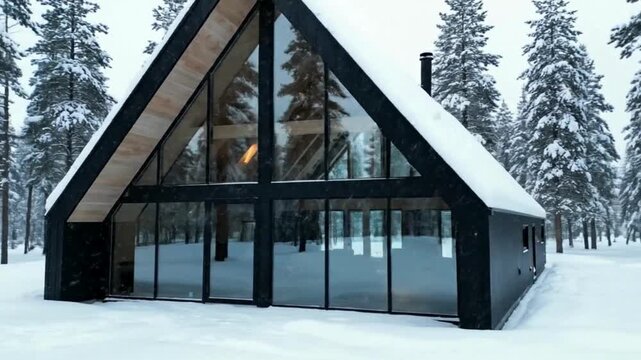 Black A-Frame House with Snowy Roof and Large Windows in Winter Forest
