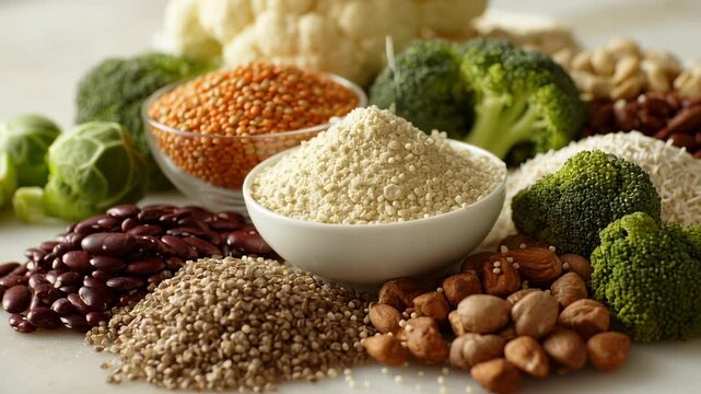 Vegan protein sources. Bowl of beans, nuts, and other food items. There are also some broccoli and cauliflower