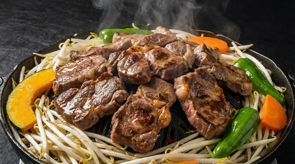 熱々で湯気が立ち上るジンギスカンと彩り野菜の鉄板焼き