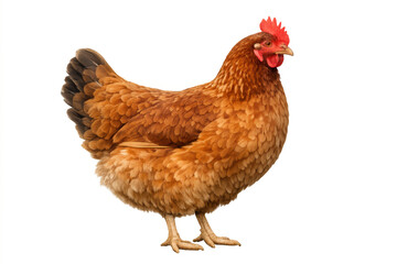 Fototapeta premium Brown hen with bright red comb, plumage and wattle on isolated transparent background for farming and agriculture
