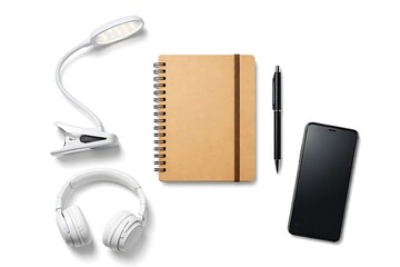 Flat lay workspace essentials with notebook smartphone headphones and lamp