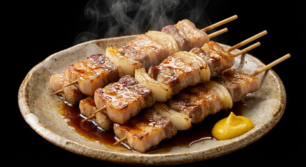 湯気が立ち上る熱々の室蘭やきとり 豚肉と玉ねぎの串焼き