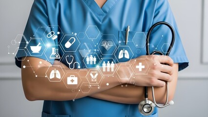 Medical Professional in Blue Scrubs Holding Stethoscope with Healthcare Icons Overlay