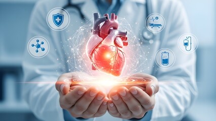 Doctor holding glowing human heart with medical icons, healthcare concept