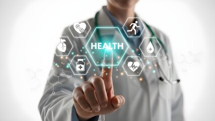 Doctor in White Coat Touching Virtual Health Interface Screen with Medical Icons
