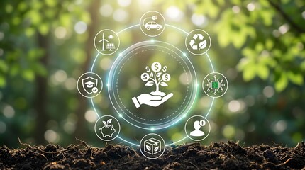 Fototapeta premium Sustainable growth concept with hand holding tree and eco icons