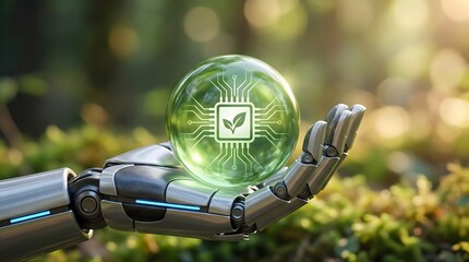 robot hand holding green circuit globe