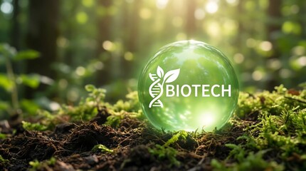 Biotech concept with glowing green sphere in forest