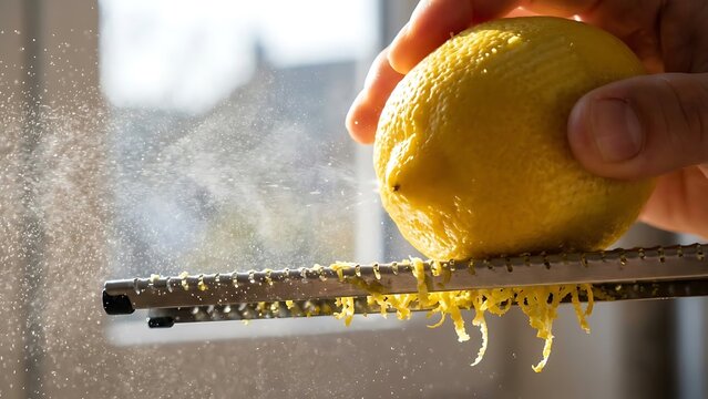 Close-up of a hand carefully zesting a vibrant yellow lemon over a metal grater, releasing aromatic citrus peel into the air for culinary use and fresh flavor